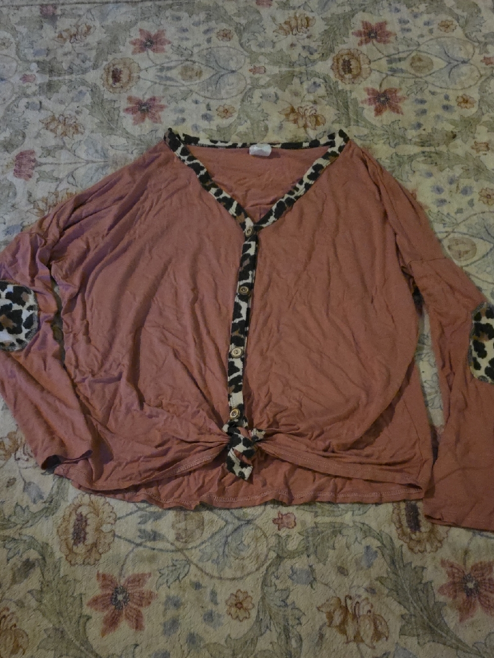 Mauve Long-Sleeve Button-Front Top with Leopard Trim